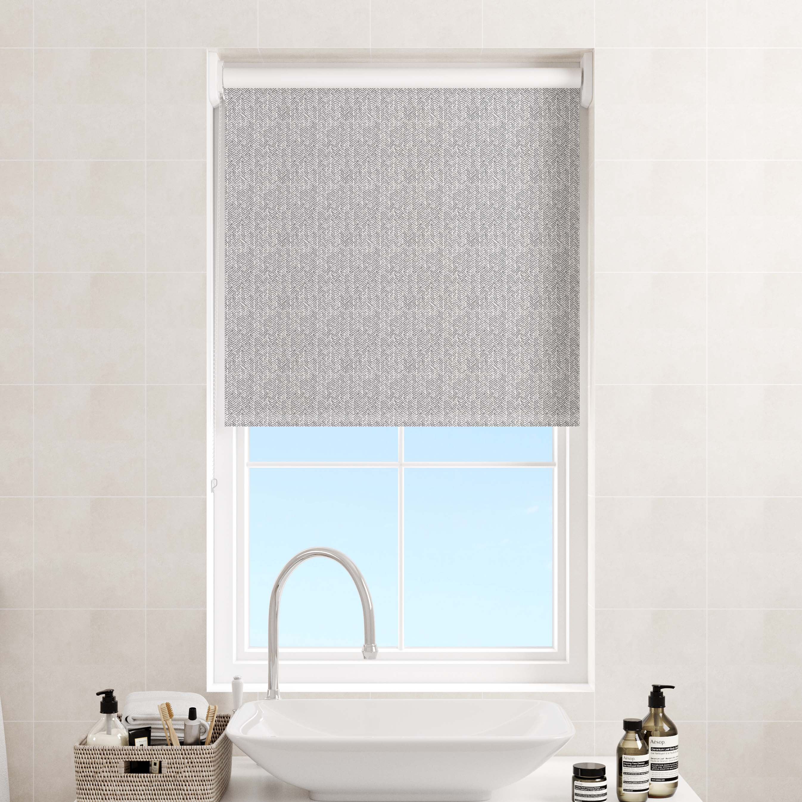 Bloc Blinds EasyFit Roller Blind in Charcoal Grey Herringbone Blackout